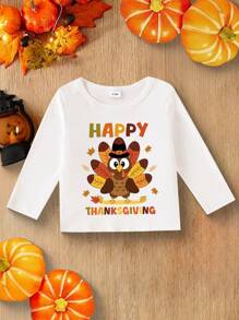 Baby Boy Simple Kalkoen Thanksgiving Letter Print Ronde Hals Lange Mouw T-shirt, Herfst