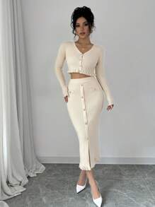 RosyDaze 2pcs/Set Casual Solid Color Cardigan And Knitted Skirt Set, For Spring & Fall - Apricot - View 5