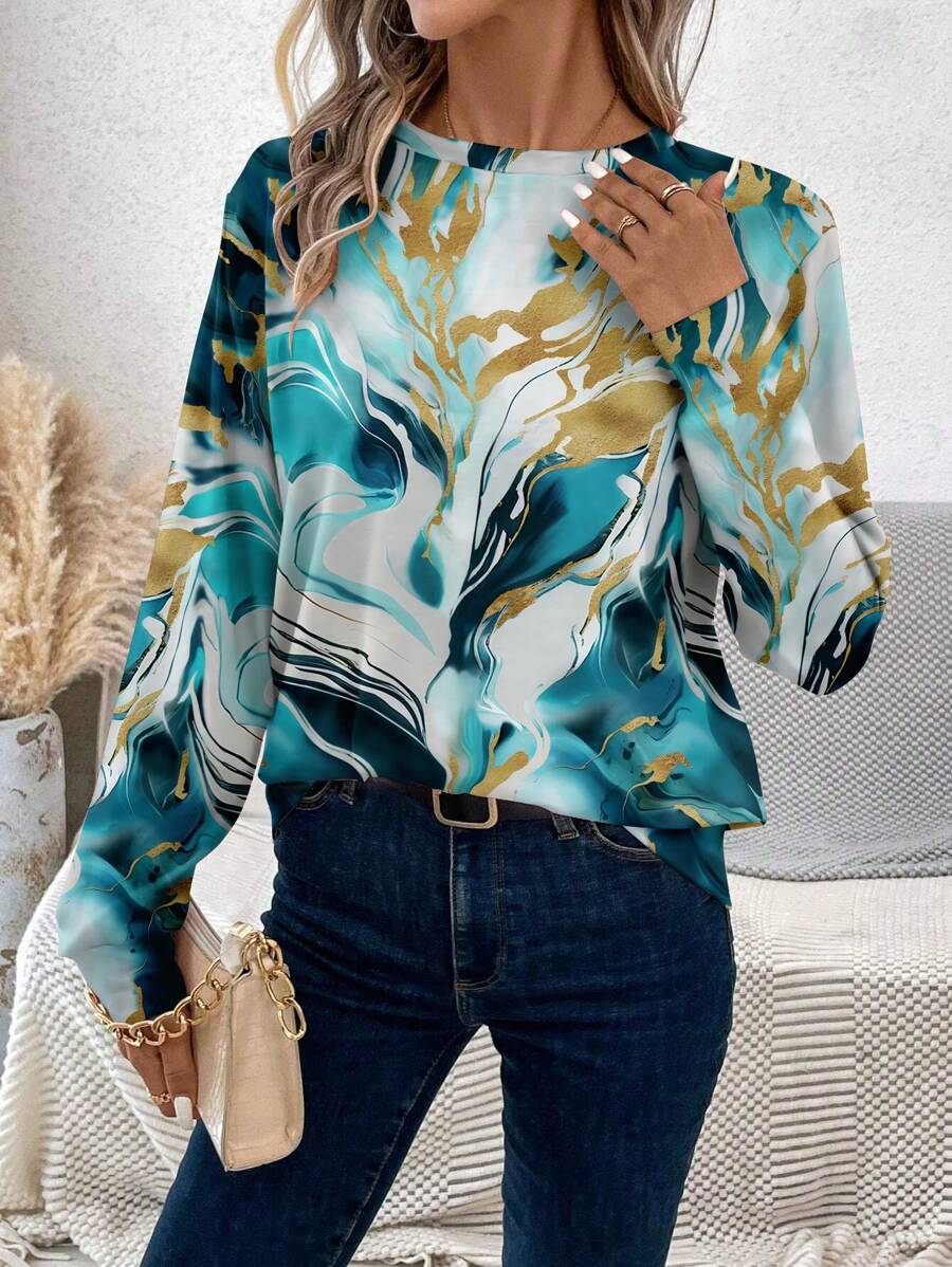 SHEIN LUNE Áo thun dài tay in họa tiết đá cẩm thạch thường ngày cho nữ mặc đi làm, phù hợp cho mùa thu - Nhiều màu - Xem 1