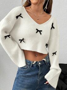 Flirla 1pc Women Loose V-Neck Casual 3D Bow Knit Sweater,Three Quarter Sleeve Tops