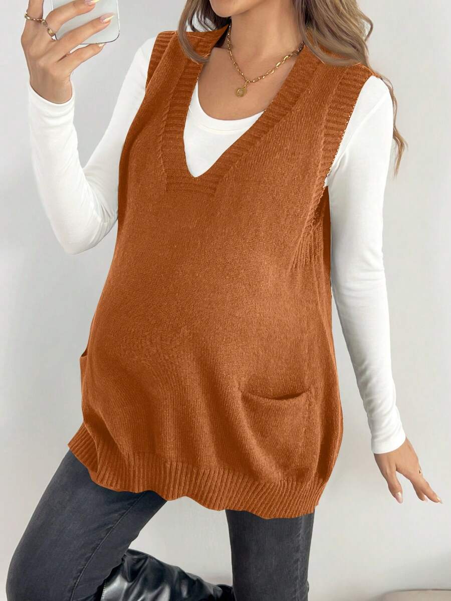 SHEIN Maternity Loose V-Neck Pocket Design Knit Vest Sweater, Casual For Autumn