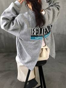 FRIFUL Women Slogan Print Drop Shoulder Long Sleeve Back Vent Hem Casual Pullover Sweatshirt, Autumn/Winter,Fall Women Clothes