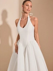 SHEIN BAE Robe blanche pure à col en V profond avec cravate à la taille et manches bouffantes pour occasions formelles, remise de diplômes, soirée cocktail, rendez-vous romantique, superposition d'hiver, fête, boîte de nuit, robe de demoiselle d'honneur, tenue de soirée, Halloween, Noël