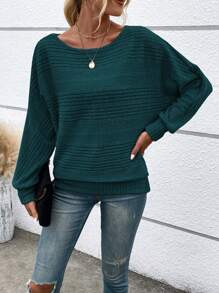 EMERY ROSE Women's Casual Dark Green Knitted Pullover With Batwing Long Sleeves And Boat Neck Rib Knit Regular Length Top - Dark Green - View 5