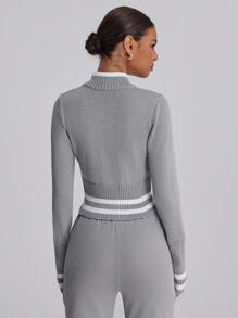 Forever 21 Simple Plain & Zip Front Long Sleeve Top, Casual Everyday Wear - Grey - View 2