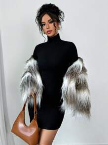SHEIN Privé Women Two-Tone Long Sleeve Short Fluffy Coat - Multicolor - View 4
