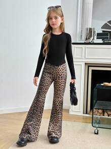 SHEIN Leap Crew Bộ 2 quần ống loe in họa tiết da báo đơn giản thoải mái cho bé gái tuổi teen và áo phông cổ tròn - màu đen - Xem 6