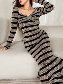 Modelyn 女士优雅紧身提花长袖中长连衣裙 - 黑色 - 查看 6