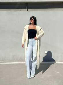 Flirla Áo Cardigan hở vai rộng rãi thường ngày cỡ lớn cho mùa thu/đông - Màu be - Xem 3