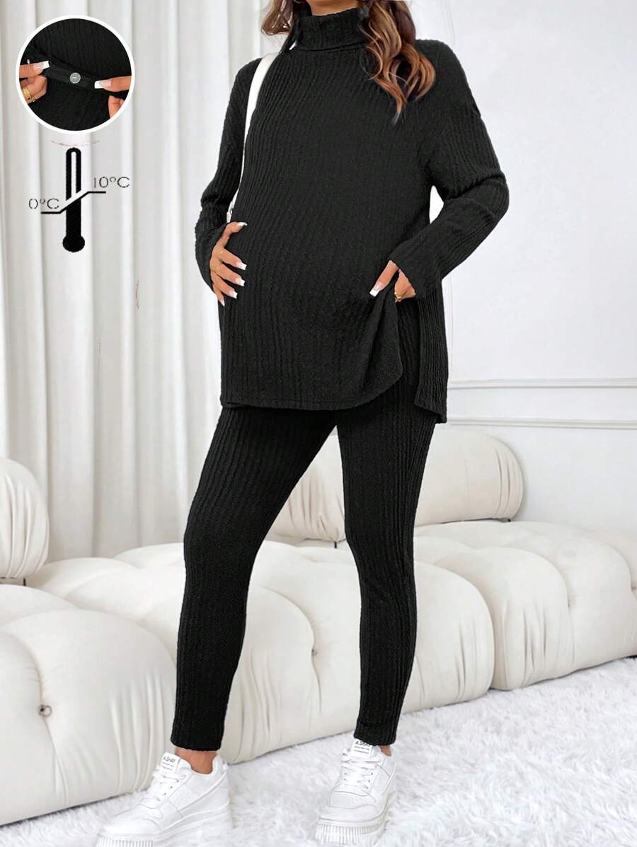 SHEIN 两件套孕妇纯色高领落肩上衣和打底裤休闲套装，适合春秋季和冬季穿着。 - 卡其色 - 查看 1