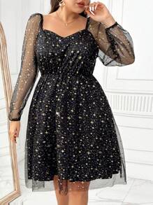 SHEIN Clasi Damen Kleid in Große Größen, langärmelig, mit Muster, Lässig, Mesh-Material