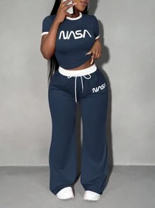SHEIN SXY Summer;2pcs/Set Rose Pink Comfy Contrast Trim Sporty Outfit - Fitted Short Sleeve T-Shirt & Relaxed Wide Leg Pants - Navy Blue - View 5