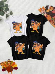 SHEIN 年轻男孩感恩节火鸡设计圆领短袖柔软弹力 T 恤，适合户外、节日活动和日常穿着