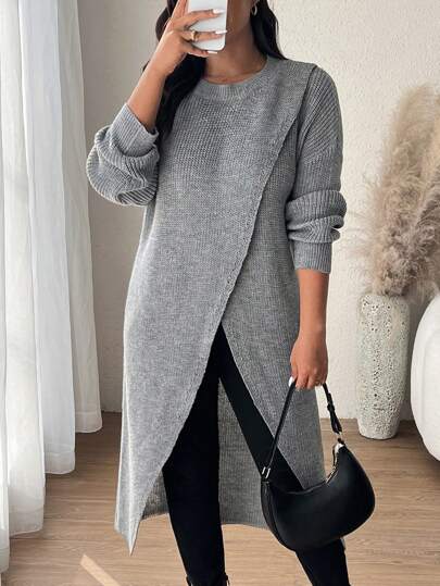 SHEIN Frenchy Plus Size Slit Sweater, Round Neck Autumn And Winter Long-Sleeved Women's Clothing, Outing Wear, Airport Wear, Personalized Sweater Matching ,Solid Color Wrap Around Sweater Dress, Casual Autumn/Winter Fall