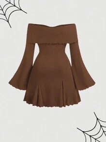 SHEIN MOD Plus Size Black Off-Shoulder Sweet Bell Sleeve Ruffle Hem Knit Dress - Brown - View 2