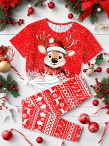 SHEIN Vrolijk Kerstfeest! Loungewear met Kerstthema, Rendier, Sneeuwvlokken, Peperkoekenmannetje, Tween Girls Simple Cartoon Print T-shirt met korte mouwen en broek 2-delige pyjamaset, nauwsluitende pasvorm, voor een kerstfeestje met het gezin