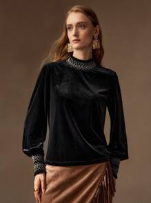 MOTF PREMIUM ÁO THUN CỔ TRỤ CÓ TAY LỒNG THÊU NHUNG - màu đen - Xem 7