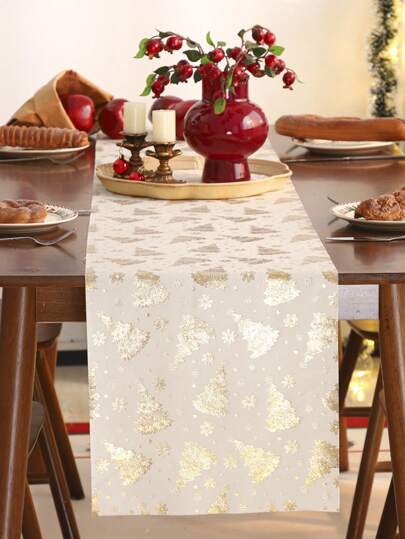 1 pezzo Runner da tavolo decorativo natalizio, in velluto con albero di Natale in lamina d'oro, regalo per le vacanze invernali, decorazione da tavolo