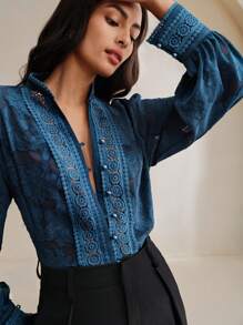 Anewsta Women's Elegant Material Patchwork Sheer Jacquard Collar Blouse Women Shirt,Long Sleeve Tops - Navy Blue - View 6