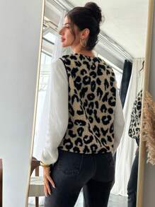 Firerie 女式单排扣豹纹泰迪羊毛休闲背心夹克，秋冬 - 彩色 - 查看 2