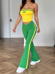 SHEIN EZwear Women's Summer Brazil Style Contrast Color Tube Top And Casual Pants Set - Multicolor - View 4