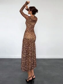 Aloruh Women's Sexy Fashionable Leopard Print Turtleneck Ruched Detail Asymmetrical Hem Dress Leopard Costume Long Sleeve Dress