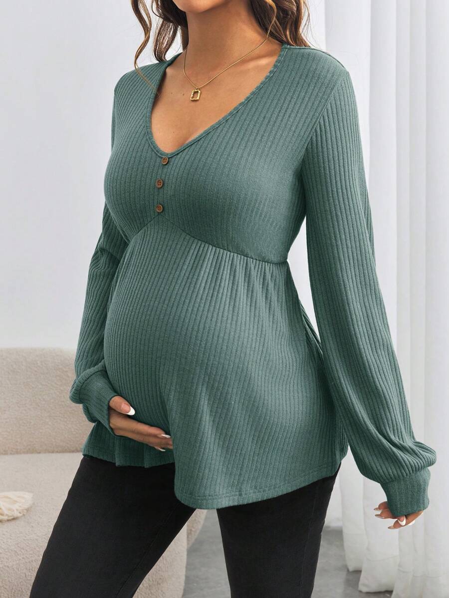 SHEIN Maternity Button-Front Long Sleeve V-Neck Loose Fit T-Shirt - Green - View 1
