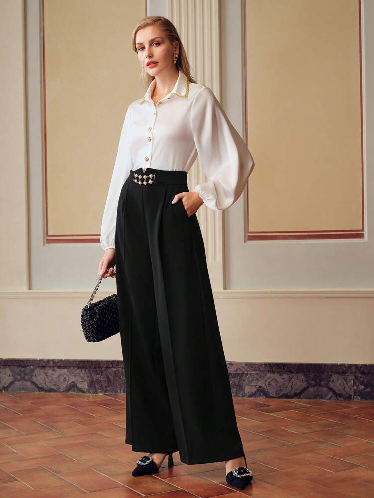 ZEYLAH FAUX PEARL CHAIN HIGH WAIST SLANT POCKET SEAM FRONT WIDE LEG SUIT PANTS