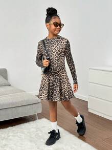 SHEIN Tween Girls Casual Crew Neck Leopard Print Long Sleeve Dress