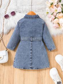 Baby Girl Cute Casual Lovely Pink Bow Knot Embroidered Denim Shirt Dress With Belt - Medium Wash - View 2