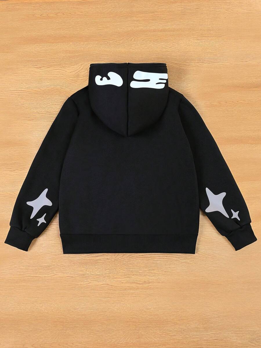 Tween Boy Casual Letter Print Hooded Zip Up Fleece Sweatshirt, Autumn