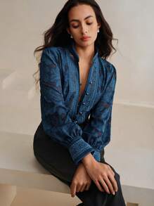 Anewsta Women's Elegant Material Patchwork Sheer Jacquard Collar Blouse Women Shirt,Long Sleeve Tops - Navy Blue - View 3