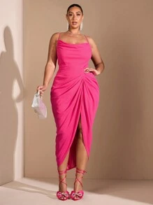SHEIN BAE Vestido midi de mujer de talla grande de color rojo rosa, elegante y sexy, con cuello de swing drapeado y abertura alta, vestido de fiesta, vestido de oficina, vestidos con diseños calados, conjuntos sexy de mujer para la playa, vestidos sexy de mujer - Rosa Fucsia - Ver 5