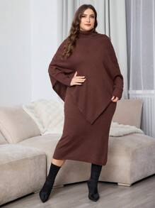 Mulvari Plus Size Solid Color High Neck Poncho Sweater & Skirt Set For Autumn/Winter, Fall Clothes - Coffee Brown - View 4