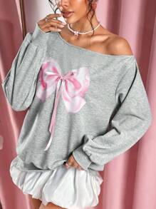 SHEIN SXY Grey Sweatshirt With Bow Print & Dropped Shoulders, Autumn/Winter Pullover Fall - Grey - View 1