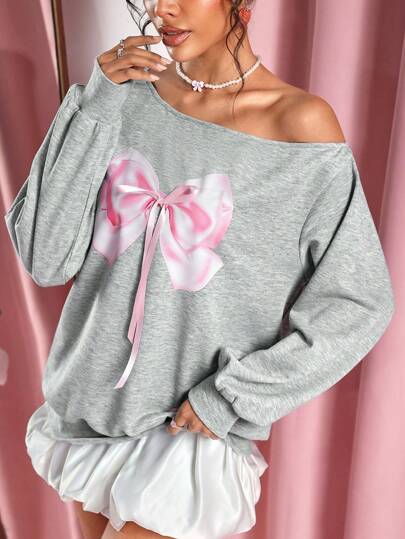 SHEIN SXY Grey Sweatshirt With Bow Print & Dropped Shoulders, Autumn/Winter Pullover Fall