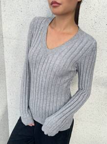 SHEIN EZwear 女士休闲纯色修身长袖毛衣，秋季 - 灰色 - 查看 3