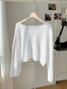 Comfortcana Suéter holgado casual de cuello redondo y manga larga con diseño de calado para tallas grandes - Blanco - Ver 2