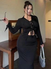 Flirla Plus Size Women 2pcs Set: Front Tie Long Sleeve Top And Body-Hugging Skirt, Stylish For Autumn Fall Cloth For Women - Black - View 6
