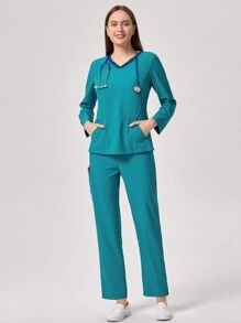 TaskEZ Women Long Sleeve Top & Pants Uniform Scrub Set - Blue - View 5
