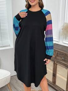 EMERY ROSE Plus Size Casual Colorblock Striped Raglan Sleeve Dress, Autumn