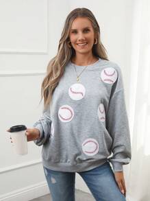SHEIN LUNE Sudadera suelta con gráfico de béisbol y hombros caídos para mujer, ropa casual para otoño - Gris - Ver 5