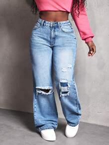 SHEIN Slayr Quần jeans ống rộng cạp cao rách đơn giản cho nữ, phù hợp với mọi mùa - Rửa trung bình - Xem 7