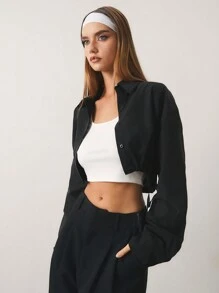 SHEIN Unity Women's Casual Simple Solid Color Drawstring Hem Cropped Shirt - Black - View 5