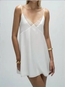 INAWLY Đầm mini ren chắp vá màu trơn thanh lịch cho nữ, mùa hè - trắng - Xem 1