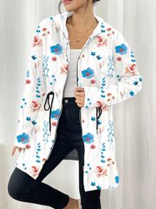 SHEIN LUNE Women Floral Print Drawstring Zip Up Hoodie Jacket, Casual - Multicolor - View 5