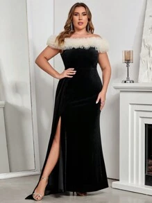 SHEIN Belle 优雅天鹅绒大码露肩荷叶边长款晚礼服，黑色正式舞会礼服，适合婚礼嘉宾、毕业典礼、晚宴