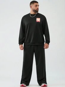 Manfinity VCAY 2pcs Men Plus Size Casual Knitted Long Sleeve Sweatshirt And Knitted Pants Set, Autumn, For Fall Winter - Black - View 5