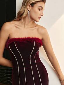 The Great Gatsby x MOTF 天鹅绒蓬松边饰水钻细节美人鱼下摆筒形晚礼服 - 酒紅色 - 查看 7