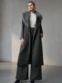 MOTF PREMIUM WOOL CONTRAST FLUFFY WATERFALL COLLAR SLANT POCKET BELTED PEA OVERCOAT - Grey - View 8